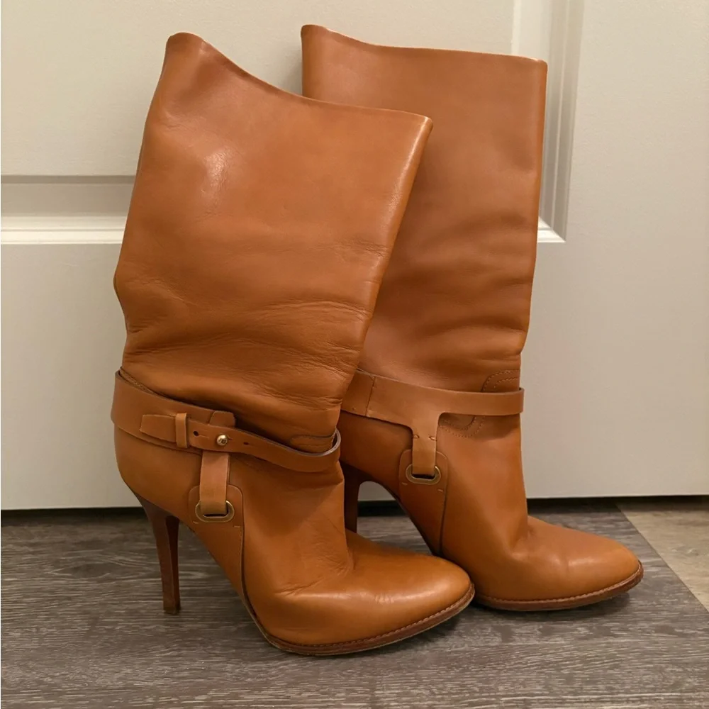 Ralph Lauren Cognac Leather High-Heel Slouch Boots - Picture 1 of 9
